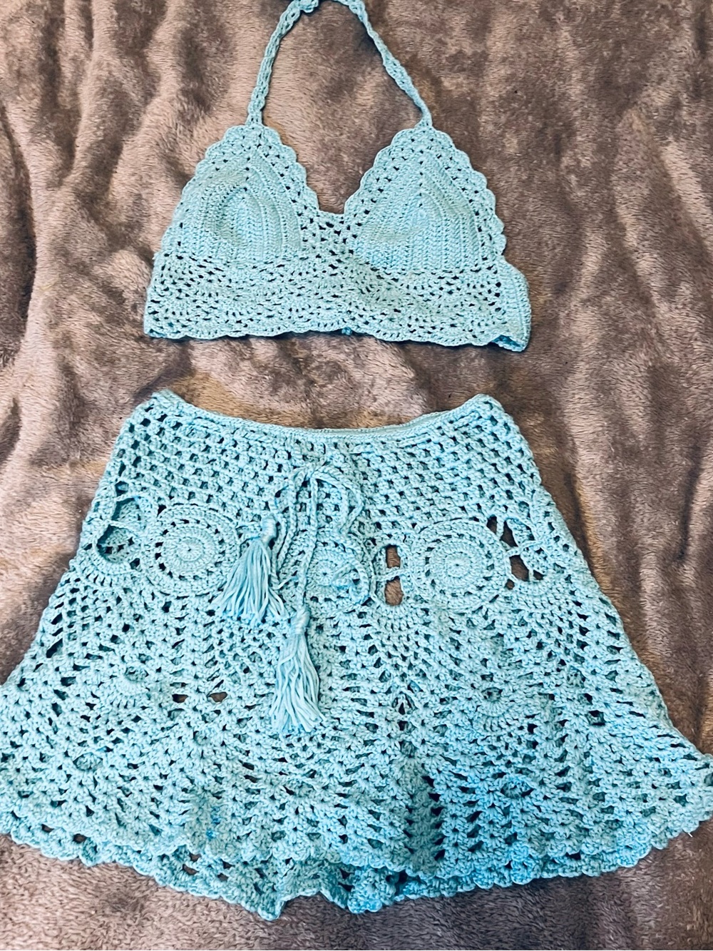 Handmade Crochet Halter Top & Skirt Set - Light Aqua